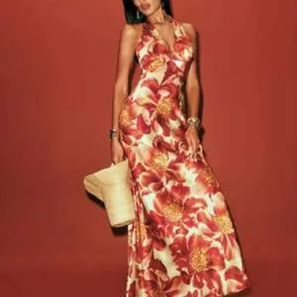 Reformation Red And Cream Floral Maxi Dress